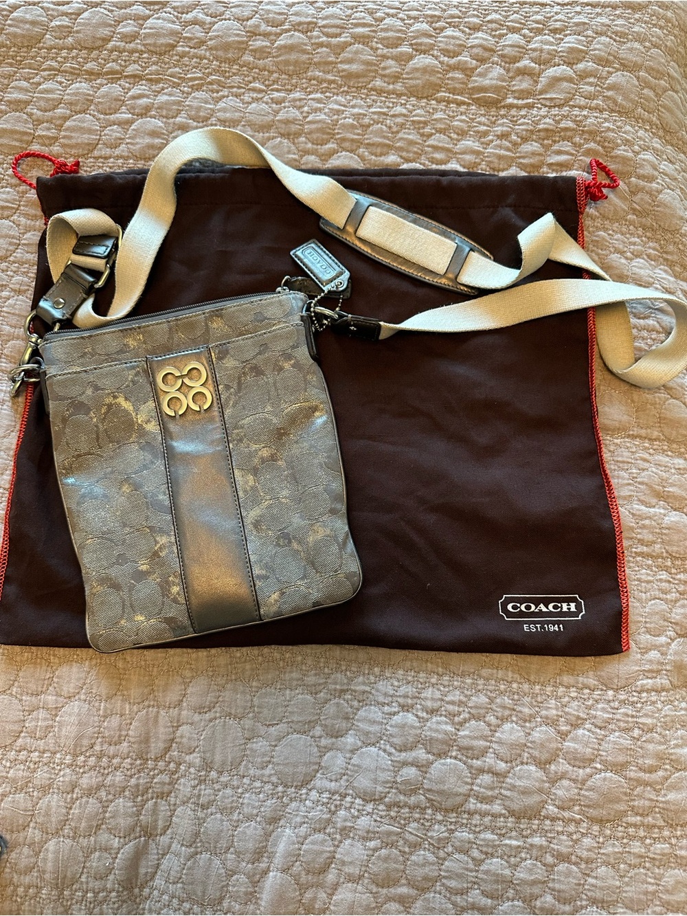 Coach Metallic Gray Monogram Crossbody with Cream Strap and Gold Accent